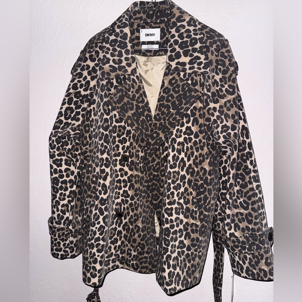 DKNY Leopard-Print Trench Coat in Tan and Black